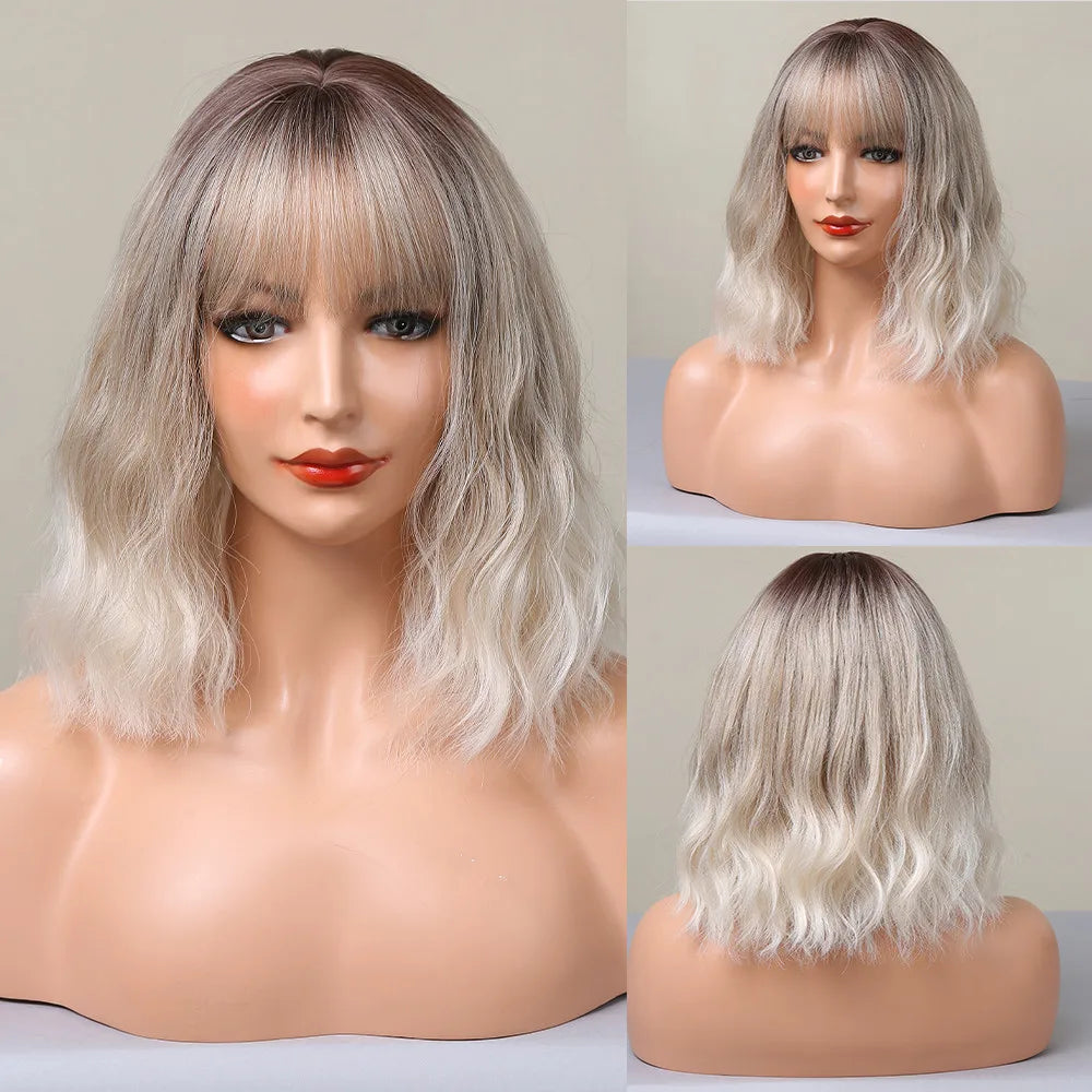 HENRY MARGU Platinum Blonde Short Curly Synthetic Wigs Short Wave Bob Hair Wigs Middle Part Natural Hairline Wig Heat Resistant