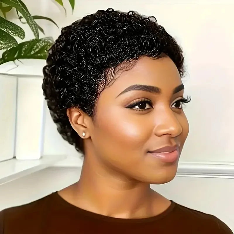 Short Pixie Cut Curly Wigs Human Hair Brazilian Human Hair Machine Wigs For Black Women Natural Black Curly Human Hair Wigs