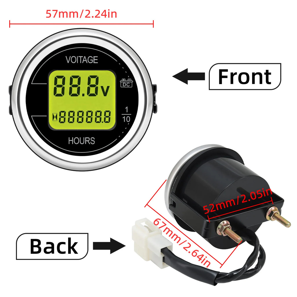 2'' 52MM Car Voltage + Hour Dual Display Gauge LED Digital Meter Waterproof Voltmeter Voltage Meter Volt Detector 12V24V 2 In 1
