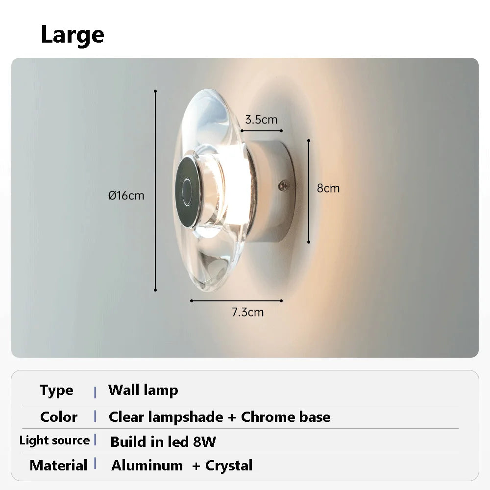 Modern Round Crystal Bedside Lamp Bedroom Living Room Italian LED Sconce Minimalist Art Circular Corridor Mirror Wall Lights