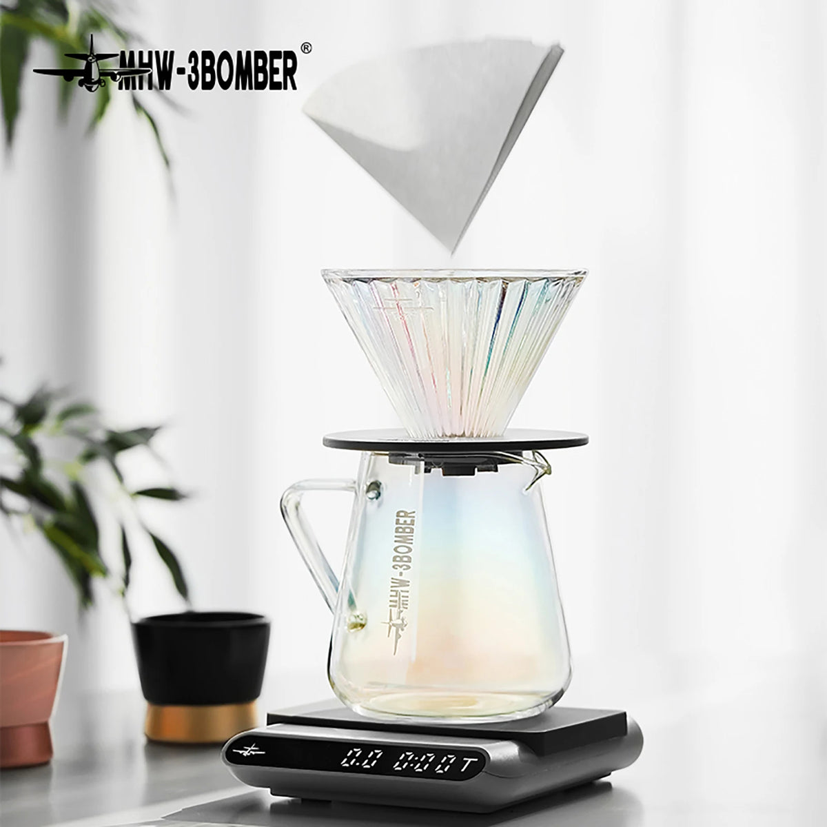 MHW-3BOMBER Pour Over Coffee Filter Cup Reusable Glass Dripper, Transparent