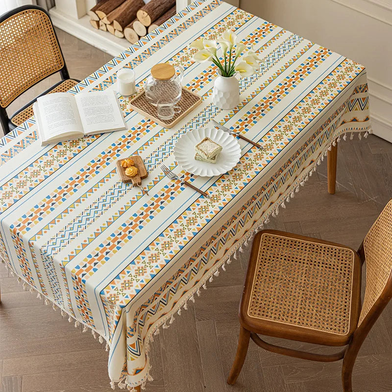 Waterproof and Oil Resistant Tablecloth Cotton and Linen Non Wash Fabric Ethnic Style Rectangular Tassel Homestay Tablecloth