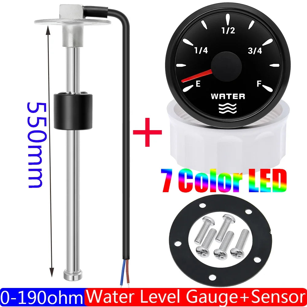 0-190 Ohm Water Level Sensor 52mm Water Level Gauge with 7 Color LED Water Tank Meter Indicator Petrol Boat Car 12V24V Custom