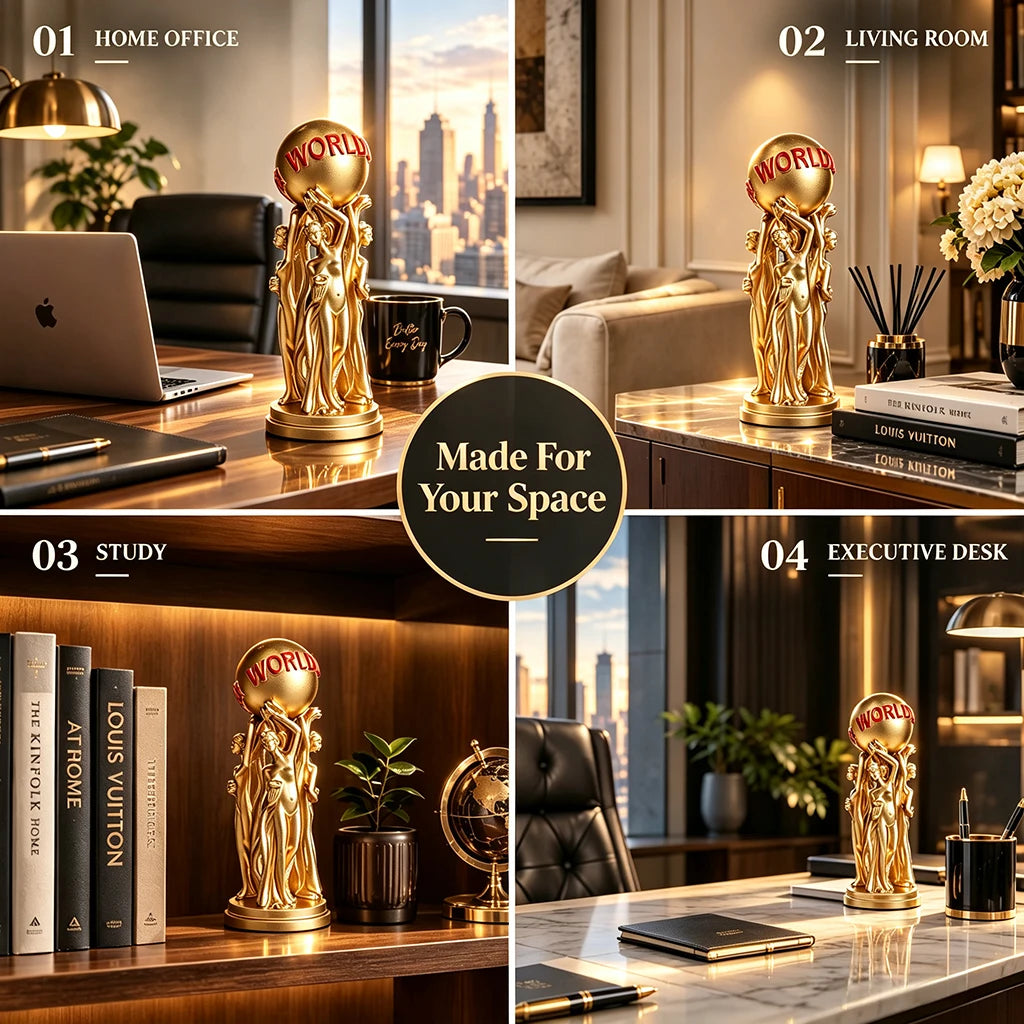 1 Piece of Light Luxury Art Ornament Featuring Three People Holding a Ball, with a Golden Texture and Engraved Text: the World Is Yours, a Great Item for Creating an Inspirational Atmosphere on the Living Room Table