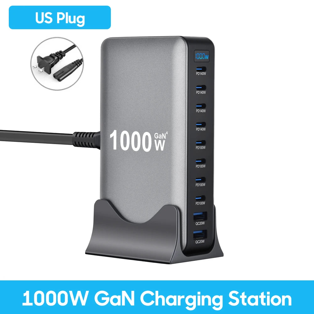 1000W 10-Port GaN Desktop Adapter 140W PD Fast Charging for MacBook Pro Laptop, 100W for Phone Tablet, Multi Port USB Hub Statio