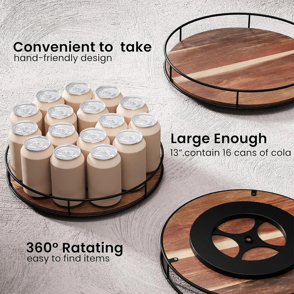 LMETJMA Acacia Wood Lazy Susan Turntable with Metal Frame Kitchen Susans Organizer Countertop Storage Wooden Serving Tray Rack