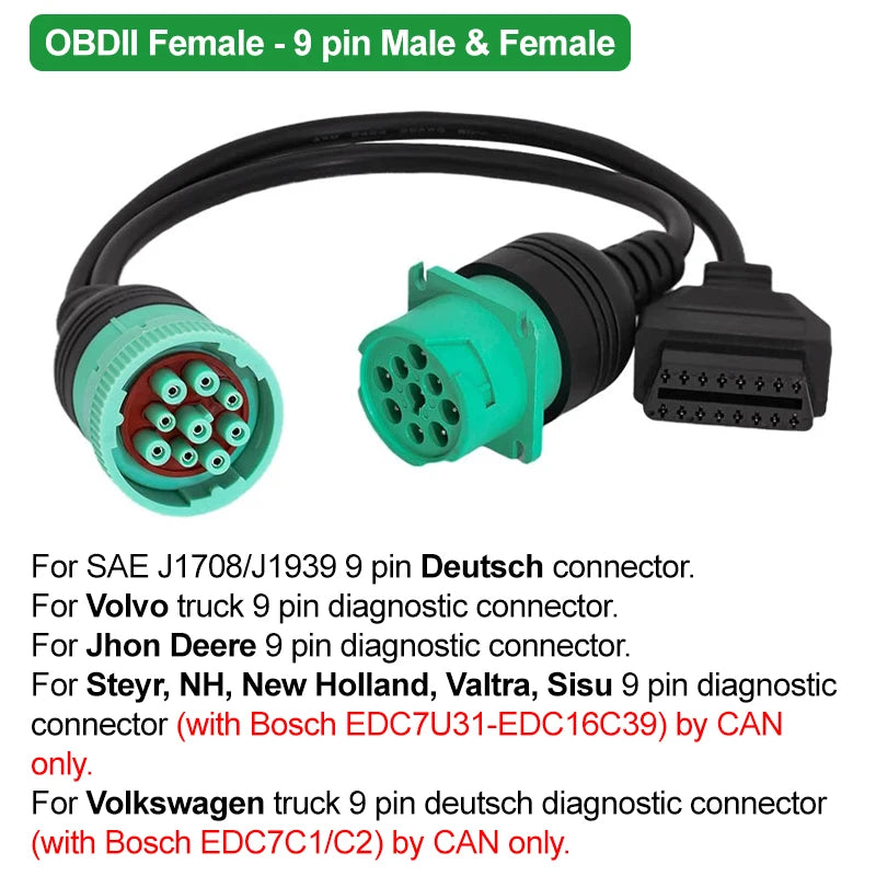 J1708 J1939 OBD Connector For Cummins 6Pin 9Pin to OBD2 OBDII Diagnostic Cable For Volvo/VW/Deutsch/Freightliner/Kenworth Trucks