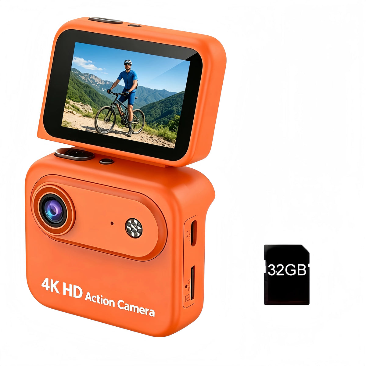 4K HD Thumb Action Camera with Flip Screen, 32GB, Wide-Angle, Anti-Shake, USB Charging