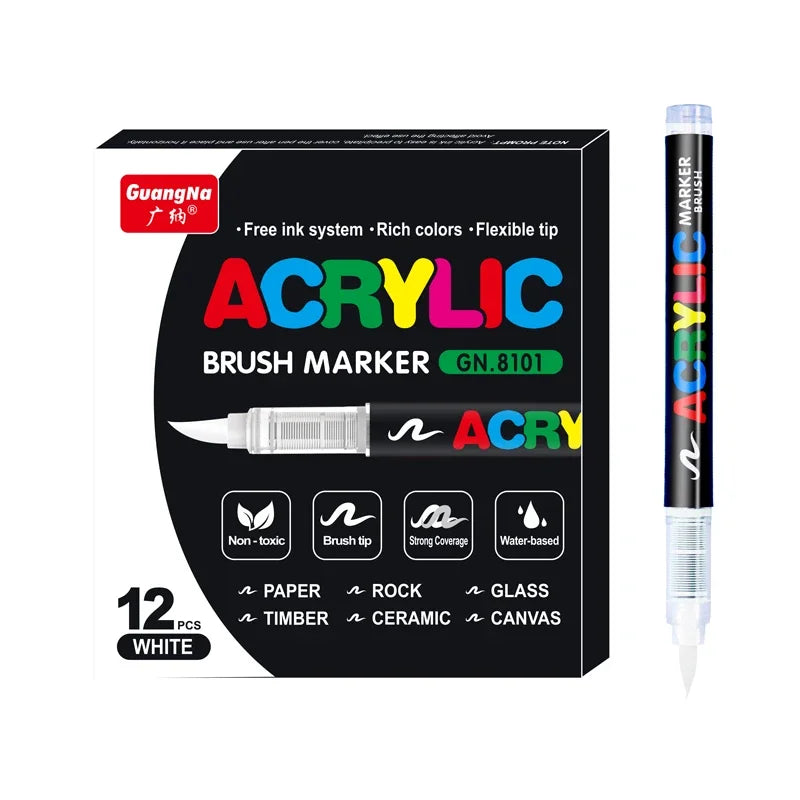 12/24/36 Colors Acrylic Marker Pens Waterproof Pen Soft brush Nib Student Art For Glass Stone Metal Glass Wood Plasctic Paper