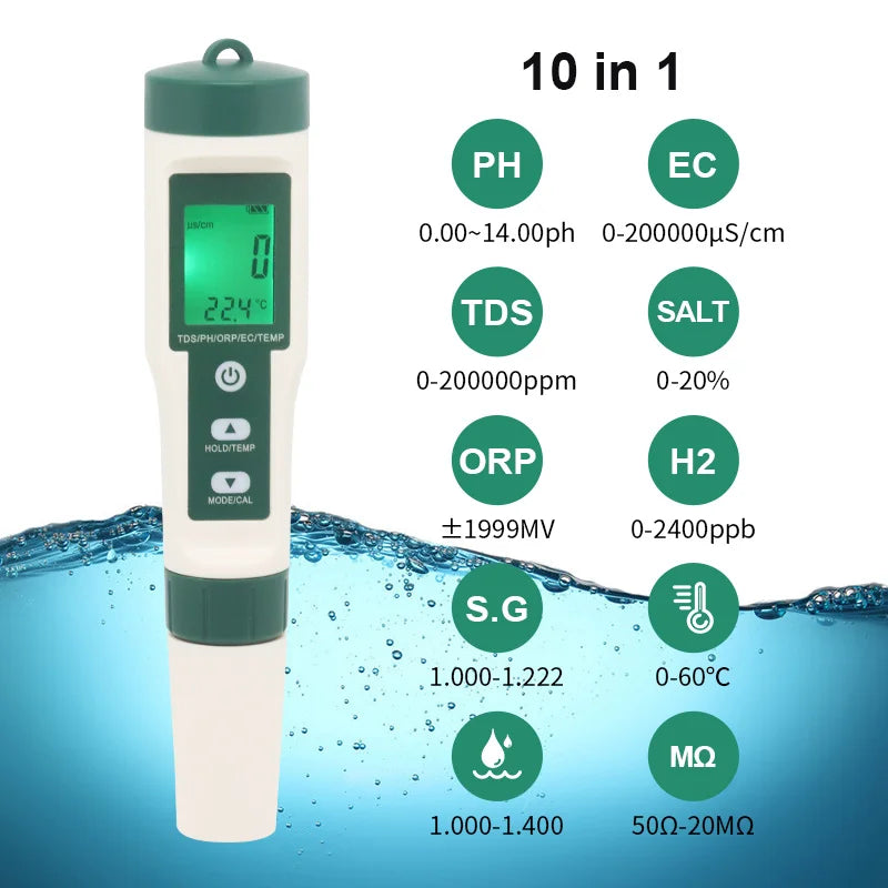 10 in 1 PH/TDS/EC/SALT/TEMP/S.G/ORP/H2/Fertile/Resistivity Water Quality Monitor Tester for Pools, Drinking Water, Aquariums