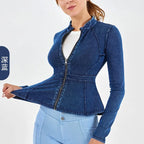 Autumn Winter New Arrival Denim Yoga Zipper Jacket Women Gym Fitness High Collar A-line Hem Slimming Long Sleeve Workout Tops