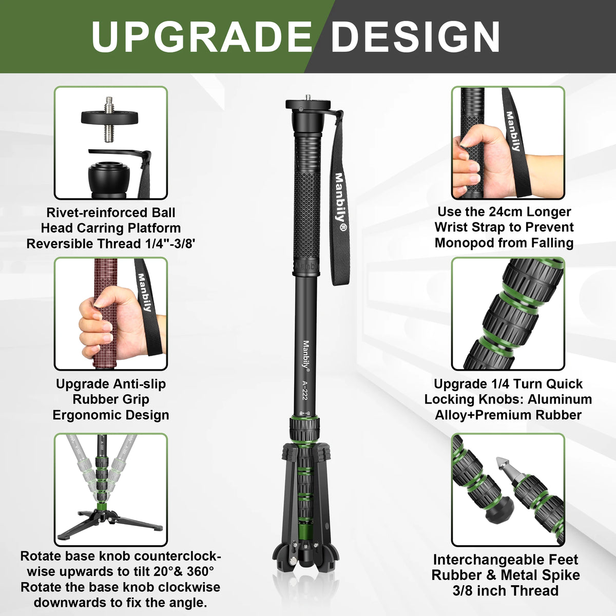 Manbily Lightweight Camera Tripod Monopod Selfie Stick Aluminum A-222 Pro For Canon Nikon DSLR Travel Max 170cm with M-2 Base