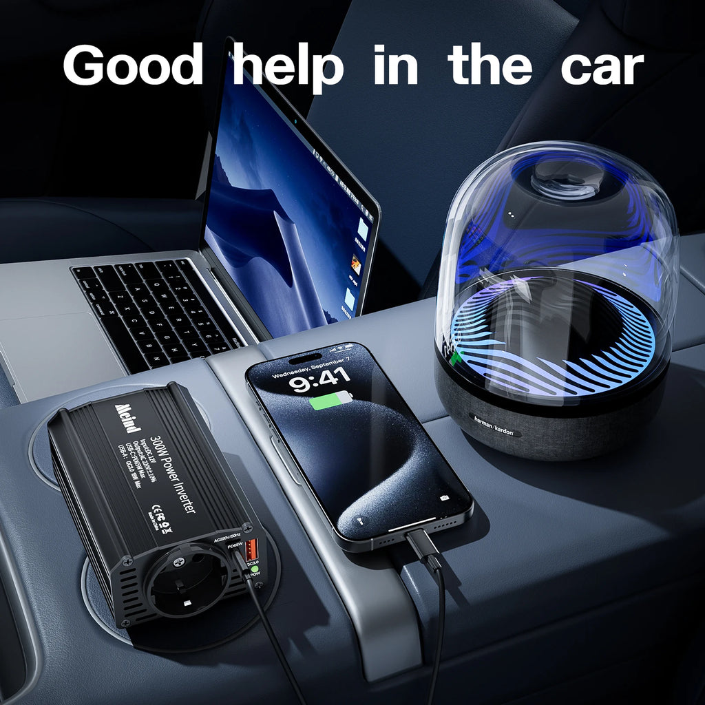 Meind 300W Car Power Inverter with EU Socket DC12V to AC220V Car Charger with Dual USB ports PD65W + QC3.0