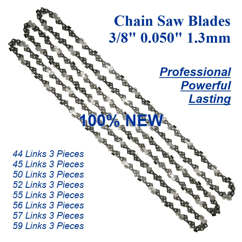 Chainsaw Blades 3 Pieces Saw Chains Semi Chisel for 3/8" Pitch 1.3mm Gauge 44 45 50 52 55 56 57 59 Drive Links Are Available