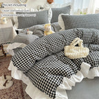 3pcs red,black plaid Duvet Cover Set (1*Duvet Cover + 2*Pillowcase, Without Core), Lace embroidery Bedding Set