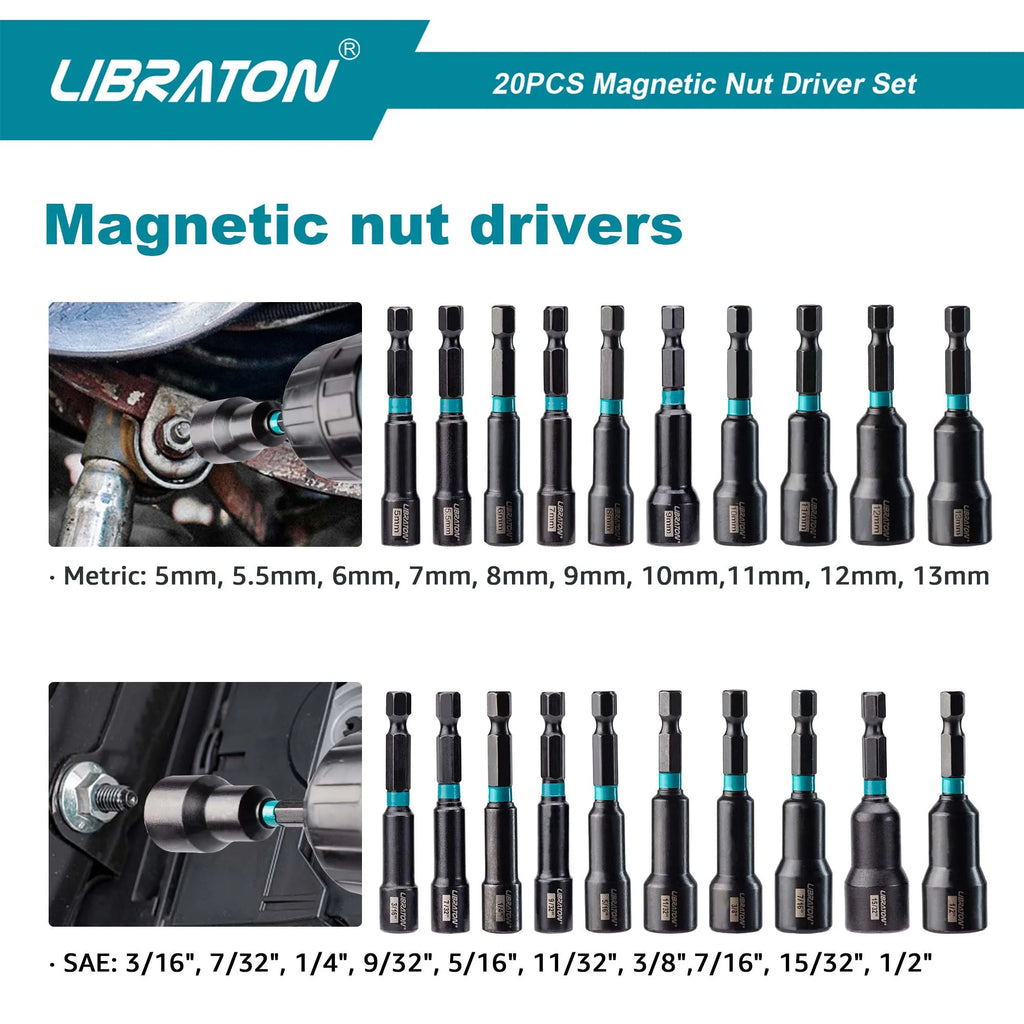 LIBRATON Magnetic Nut Driver Bit Set 20pcs 1/4" Impact Drill Metric 5-13mm SAE 3/16-1/2"