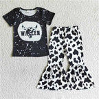 Wholesale No Moq Mama Baby Girl Clothes Short Sleeve Shirt Leopard Bell Bottom Pants Outfits Toddler Children Mother's Day Set