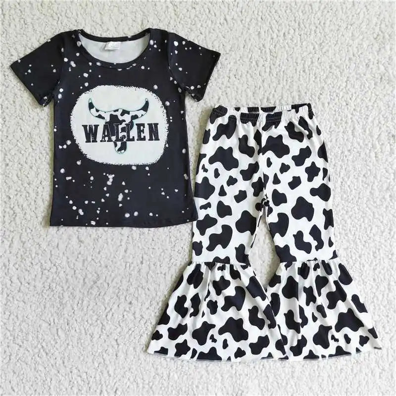 Wholesale No Moq Mama Baby Girl Clothes Short Sleeve Shirt Leopard Bell Bottom Pants Outfits Toddler Children Mother's Day Set