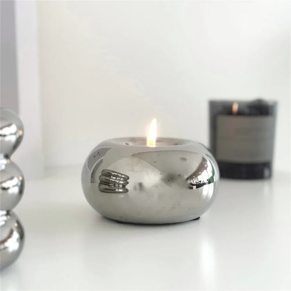Ceramic candle holder, circular silver desktop candlestick, modern decor, sizes S/L