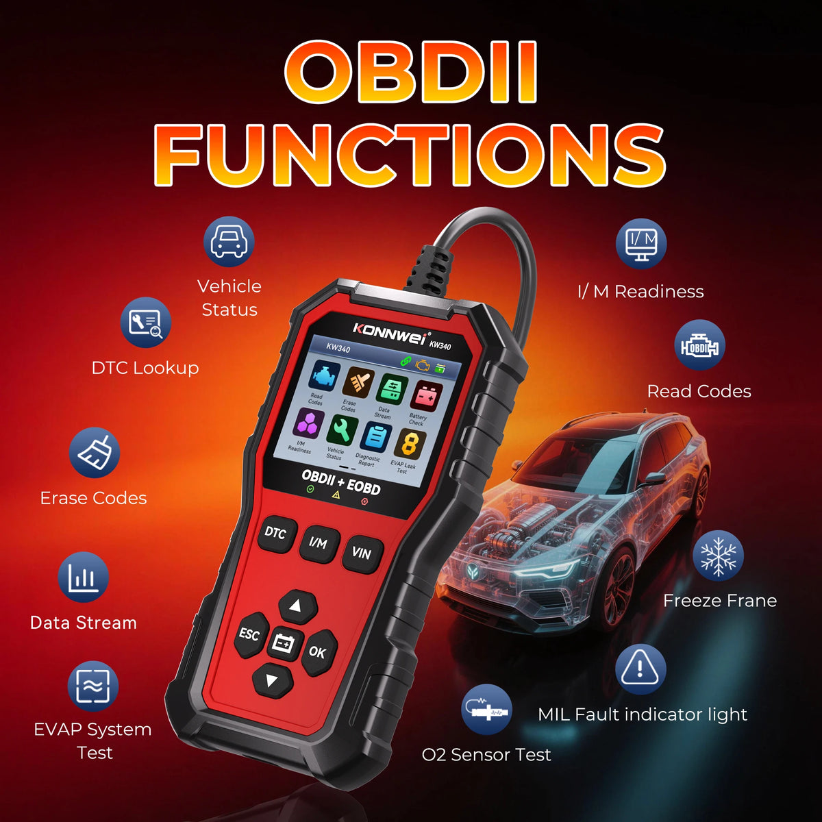 KONNWEI KW340 OBD2 Car Diagnostic Scanner with Battery Test, Read/Clear Codes, Live Data