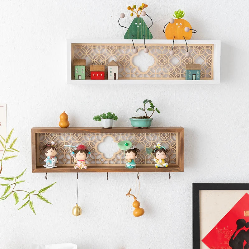 Wooden wall key hook rack with shelf, decorative storage organizer, assorted styles