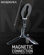 Foldable Magnetic Phone Tripod Stand with Hook, Arca Mount + Cold Shoe, Aluminum, iPhone/Android