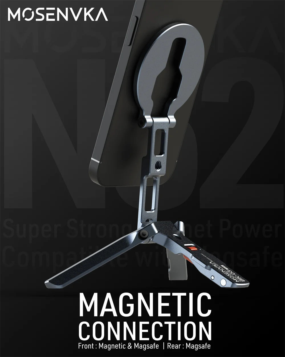 Foldable Magnetic Phone Tripod Stand with Hook, Arca Mount + Cold Shoe, Aluminum, iPhone/Android