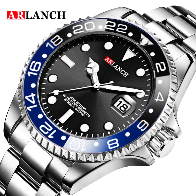 Stainless Steel Quartz Wristwatch 40mm with Date Magnifier, Red/Blue Bezel