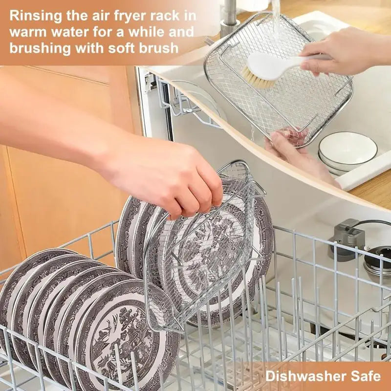 3-piece square air fryer basket set, stackable stainless steel air fryer basket accessories, deep dehydration rack, dishwasher