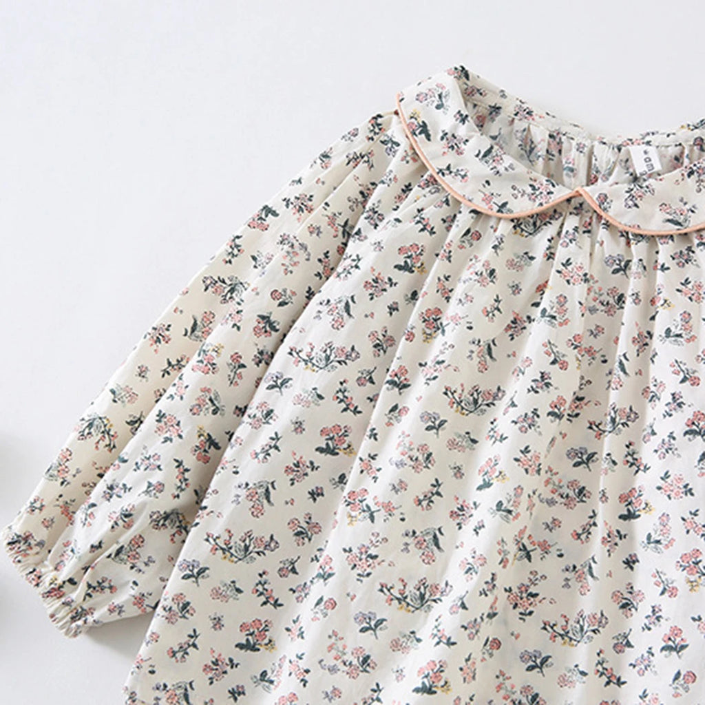 Baby Girls Floral Long Sleeve Cotton Blouse with Peter Pan Collar, Beige/Light Yellow