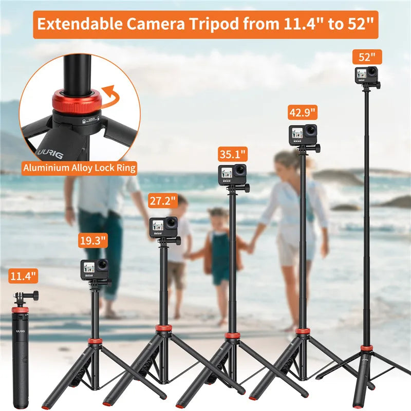 Aluminum extendable selfie stick tripod for GoPro Hero 13/12/11, Insta360 X4/X3, Osmo Action