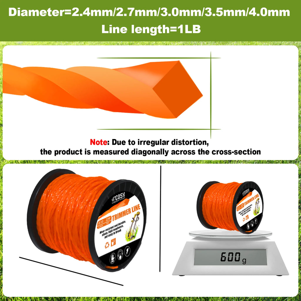 Nylon trimmer line square spiral, 2.4-4.0mm, 15-100m spool for lawn mower/brush cutter