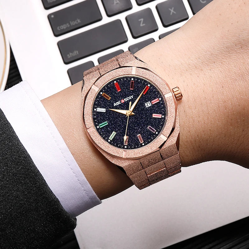 Men's Quartz Wristwatch with Date and Luminous Hands, Gold/Rose/Silver