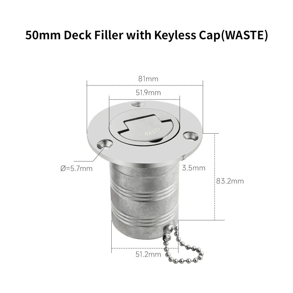 38/50mm 316 Stainless Steel Boat Deck Filler with Keyless Cap GAS DIESEL FUEL WASTE WATER Mirror Polish Marine Deck Filler Cap