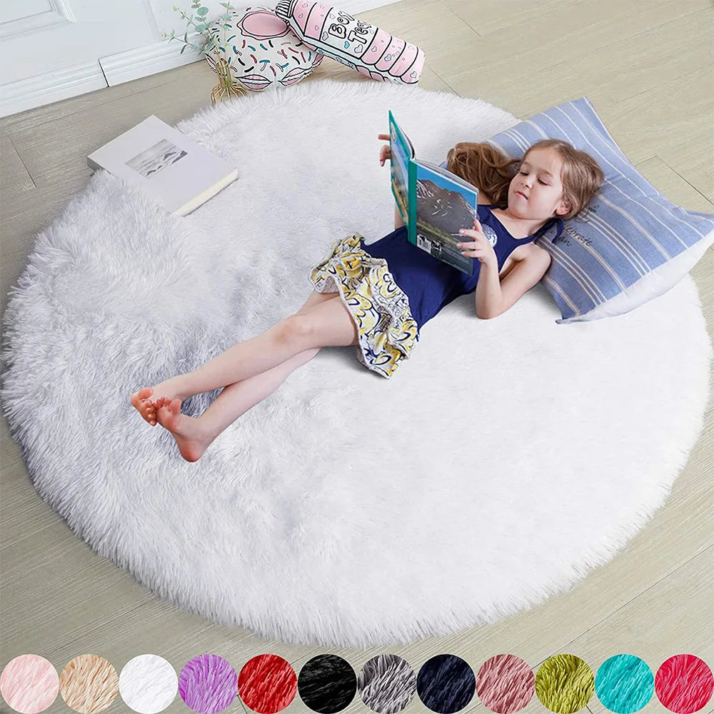 100/120/140/160 Round Rug Fluffy Soft Area Rugs for Kids Girls Room Princess Castle Plush Shag Carpet Cute Circle Bedroom Decor