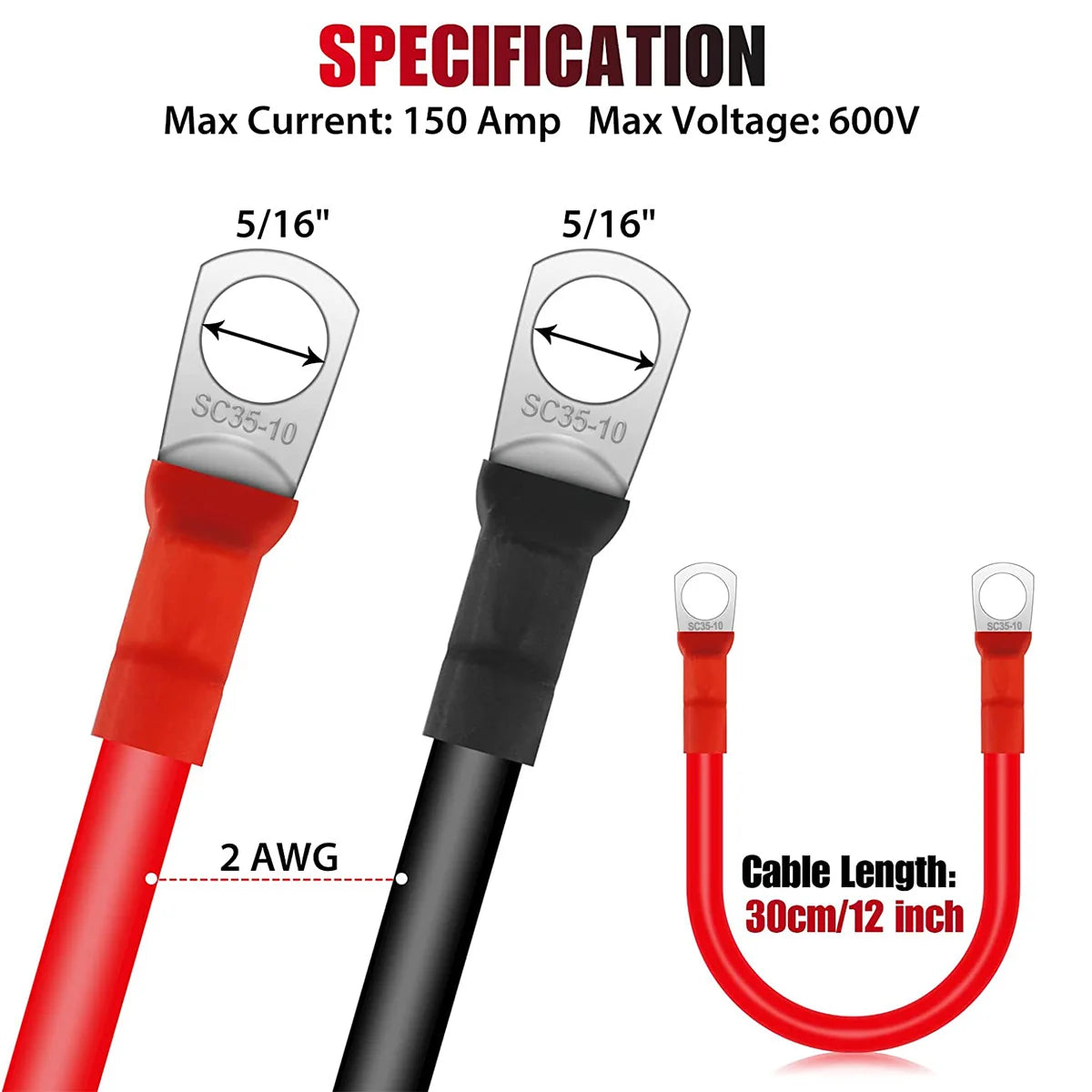 2Pcs Battery Inverter Cable 30cm 12V Copper Auto Battery Cable Waterproof Car Battery Leads  for Truck Motorcycle Solar RV Marin