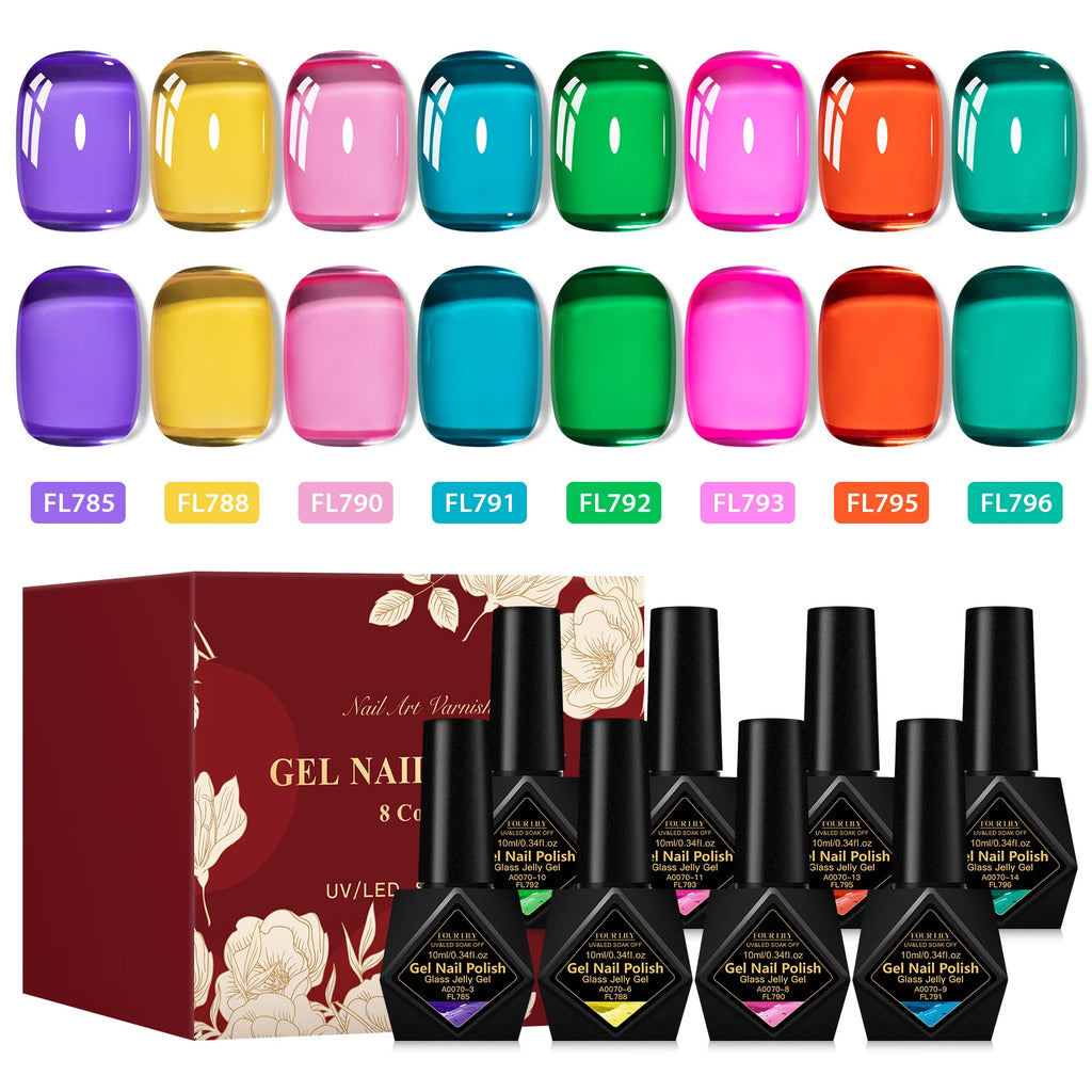 Jelly Gel Nail Polish Set 8pcs x 10ml Semi-Transparent Red Purple UV/LED Soak Off