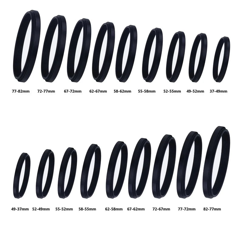 18pcs Camera Lens Filter Step Up & Down Ring Adapter Metal Filter Adapter Ring For All Camera DSLR 37-82 82-37mm Mount Set Kit