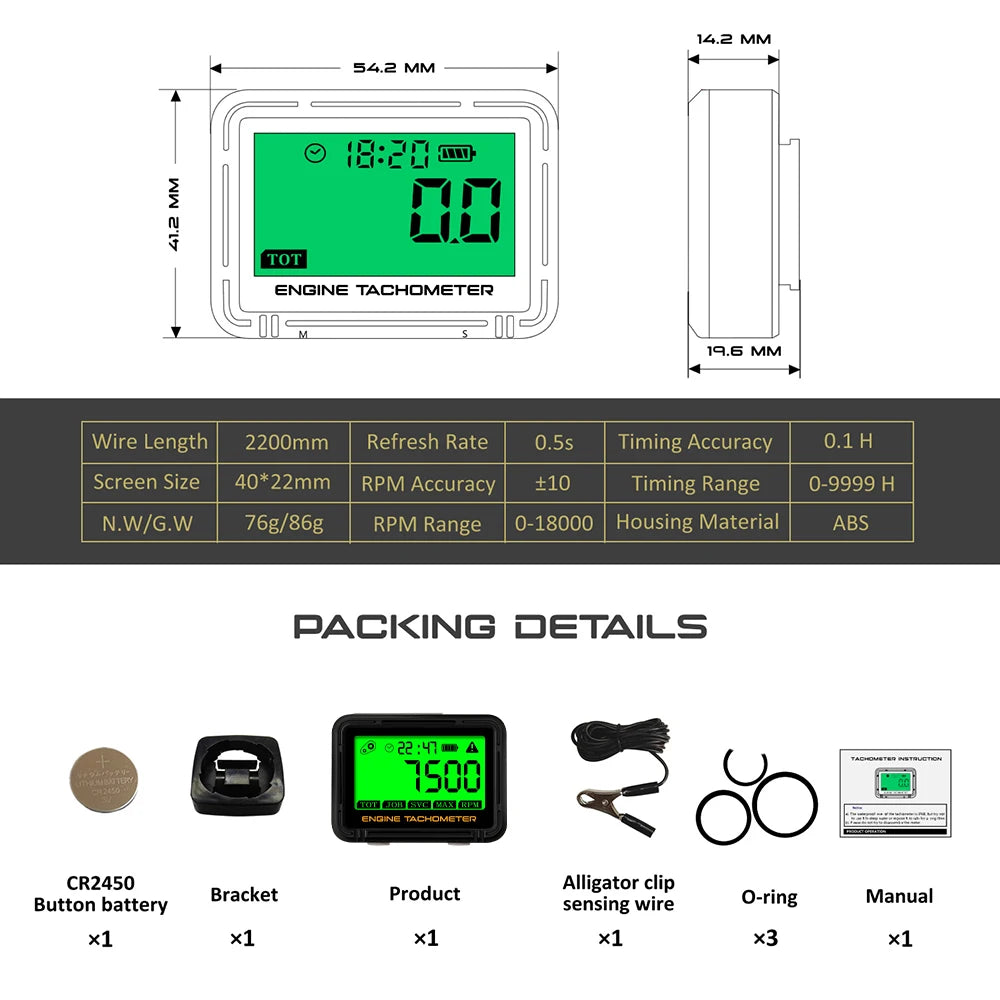 Tachometer Hour Meter Digital Motorcycle ATV Lawn Mower Engine Gauge LCD SVC Inductive Alert RPM Clock Backlight Waterproof