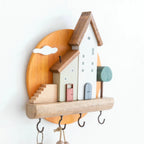 Wooden wall key hook rack with shelf, decorative storage organizer, assorted styles