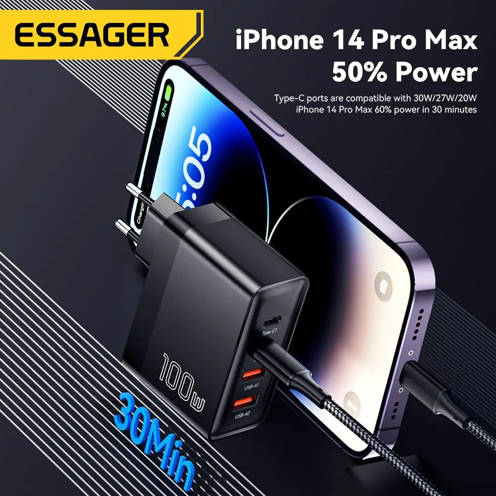 Essager 100W GaN USB-C Charger PD QC 4.0/3.0 Fast Charging, US Plug Black
