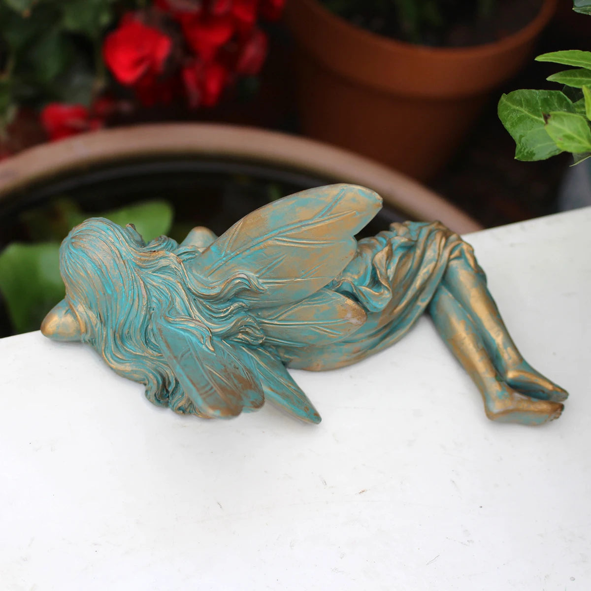 Resin imitation copper sleeping position wings elf suitable for desktop, courtyard, lawn, flower pot, Valentine's Day gift