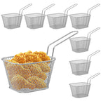 Mini deep fry basket set with long handle, stackable chip strainer, silver, 8pcs