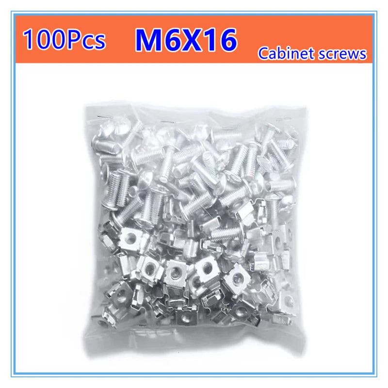 100Pcs Carbon steel Network Storage Server Cabinet Screw Rack Mount Cage Nut Bolt Washer M5 M6x16 for Server Shelve Router