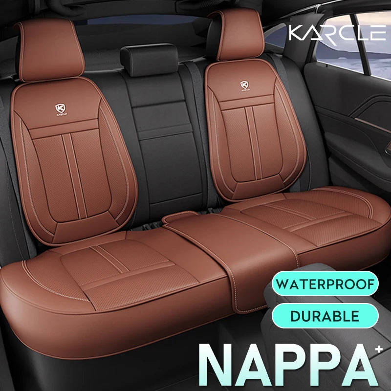 Nappa leather car seat cover set, front or rear, 5-seater, anti-slip full wrap, beige/black/brown/red