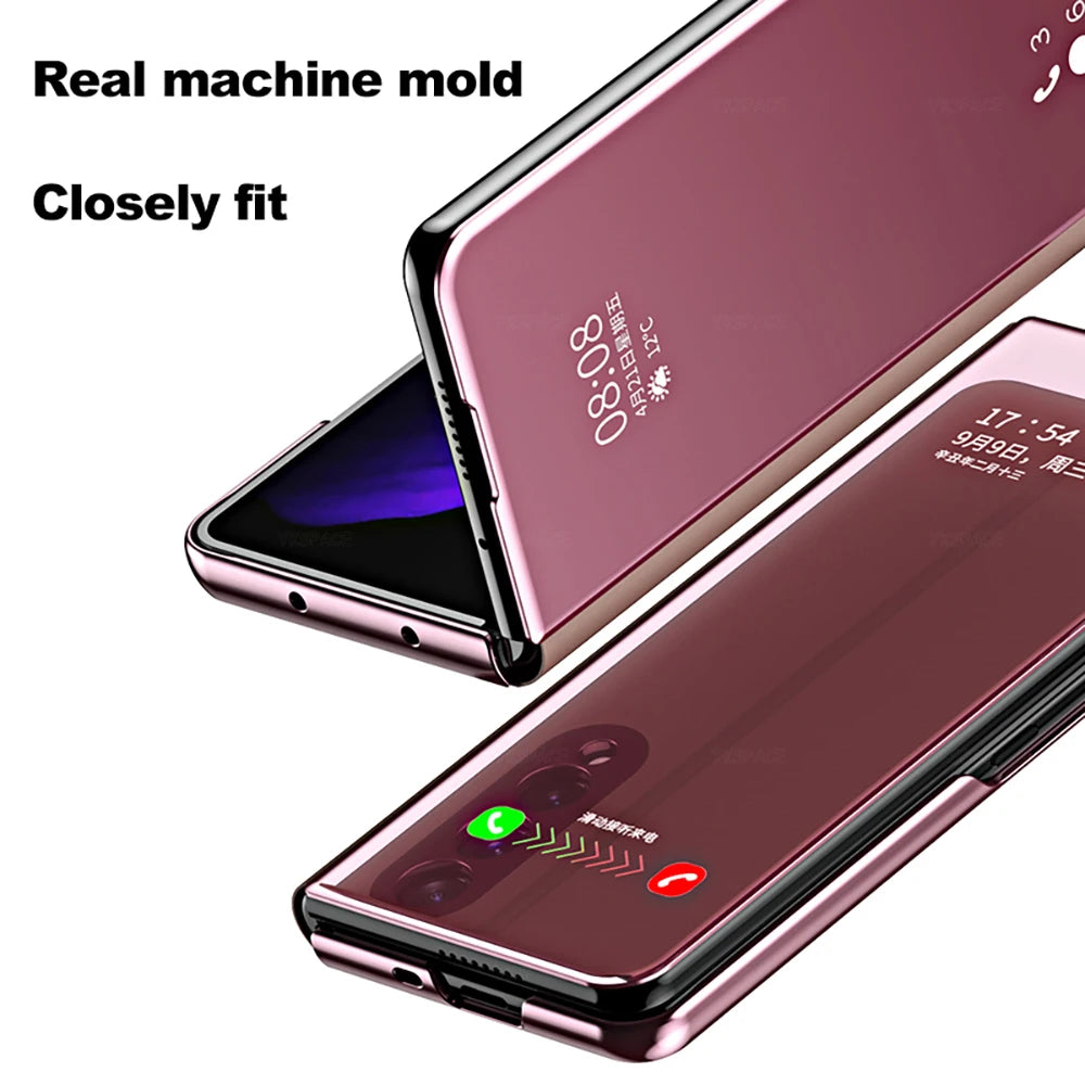 6 Colors Mirror Clear View Stand Flip Case For Samsung Galaxy Z Fold 2 3 4 5 6 7 Full Cover Folding Plathing Phone Cover