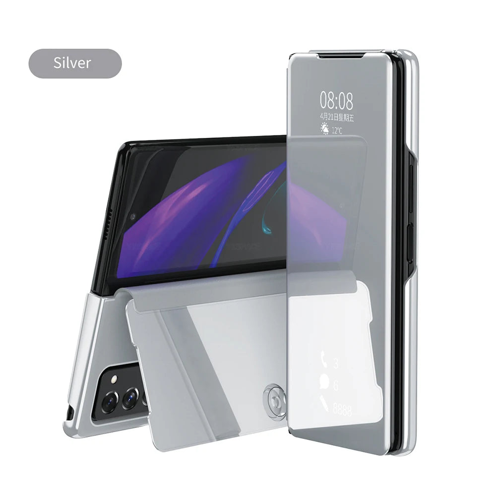 6 Colors Mirror Clear View Stand Flip Case For Samsung Galaxy Z Fold 2 3 4 5 6 7 Full Cover Folding Plathing Phone Cover