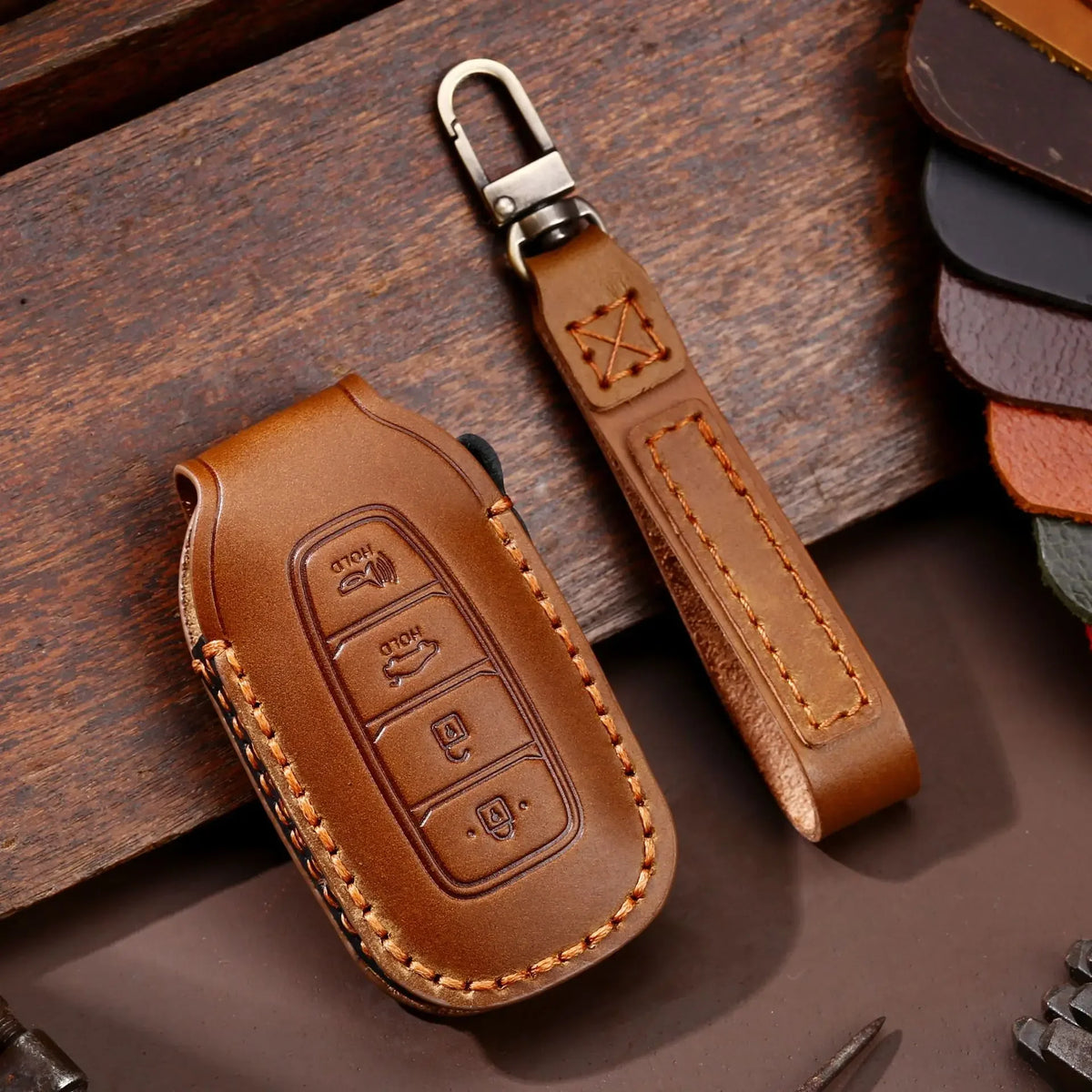 Leather car key fob cover case for Hyundai i30 Kona Elantra Santa Fe, black/blue/brown