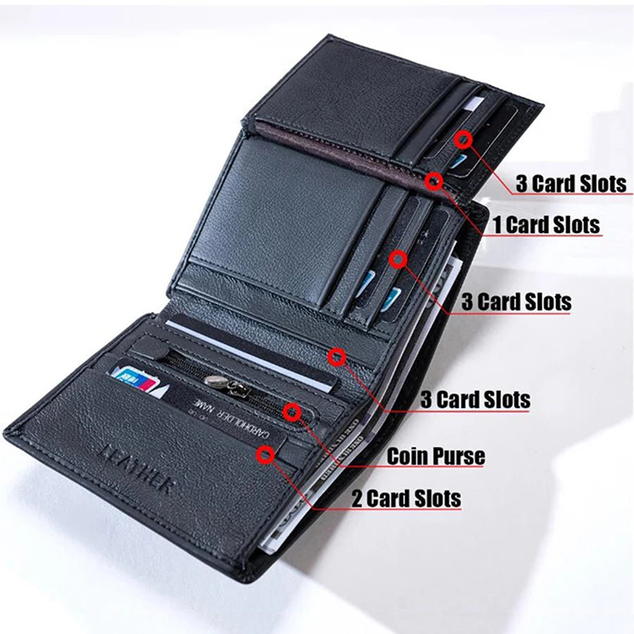 Men's Genuine Leather RFID Blocking Zip Wallet Vertical Credit Card Holder, Black/Coffee