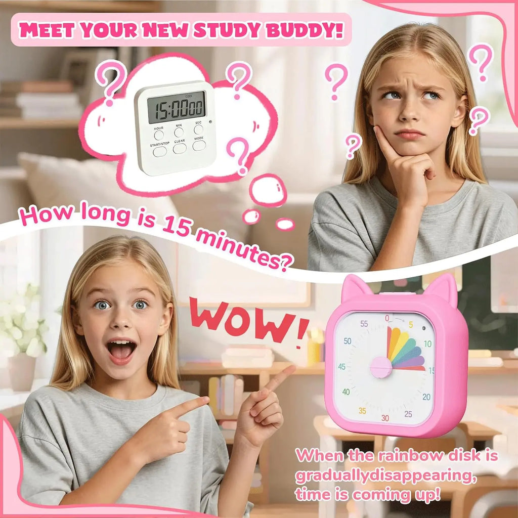 Kids Visual Timer 60 Minute Countdown Study Clock, Silent Mechanical Rainbow Disk, Pink/Green